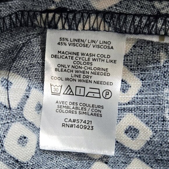 LOFT Linen Blend Blue Batik Border Mosaic Pocket Swing Dress Boho Tribal - Picture 9 of 9